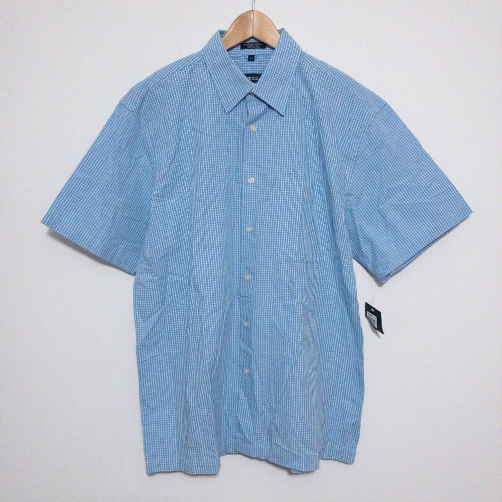 IZOD Sueded Poplin Short Sleeve Shirt Mens Large Blue Check 100% Cotton New